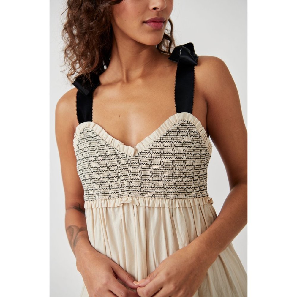 Free People Cream Tiered Maxi Dress with Black Tie Straps - Picture 11 of 13